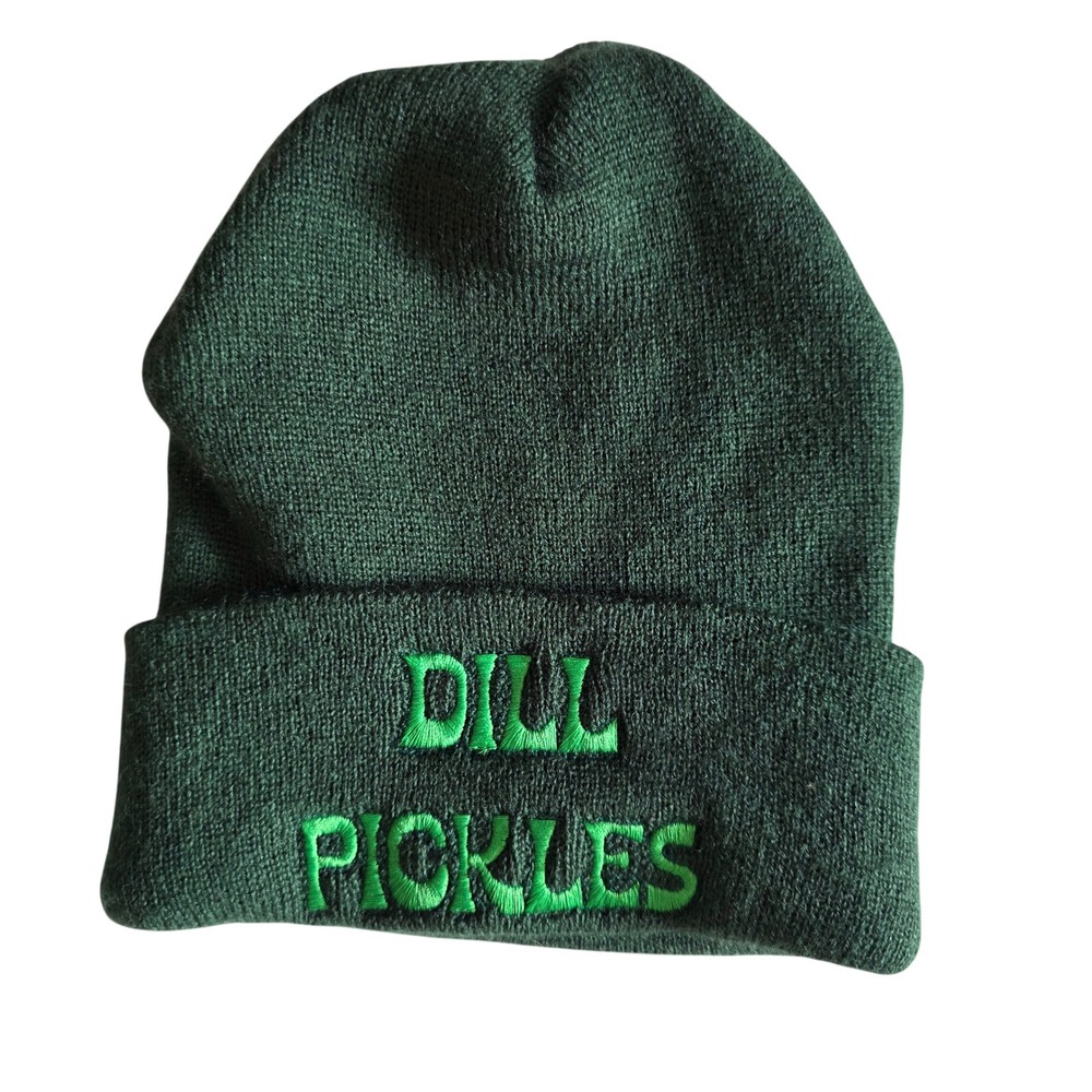 Dill Pickles Embroidered Beanie Forest Green Knit Cuffed Hat TKN24 NWT